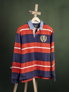 Brook Taverner granatowo-czerwona dzianinowa bluza rugby ze złotym emblematem r. XL