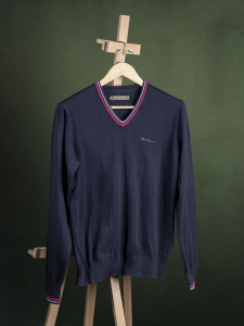 Ben Sherman granatowy sweter krykietowy męski z naszywką r. M