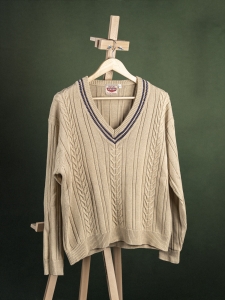 Station beżowy sweter krykietowy męski z warkoczowym splotem r. XL