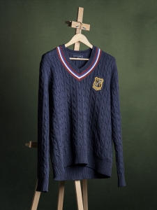 Tommy Hilfiger granatowy męski sweter krykietowy ze złotym herbem r. XL