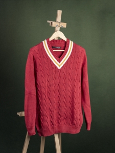 Lobster czerwony sweter krykietowy męski ze złoto białym obszyciem r. L