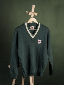 Bouviac zielony wełniany męski sweter krykietowy z herbem r. L