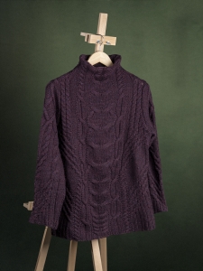 Aran Mor wełniany merynosowy fioletowy sweter z półgolfem r. L