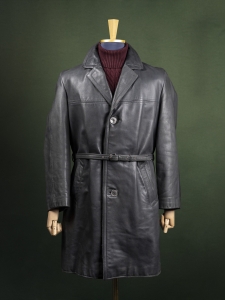 Szary męski płaszcz skórzany z tartanową odpinaną podszewką r. L